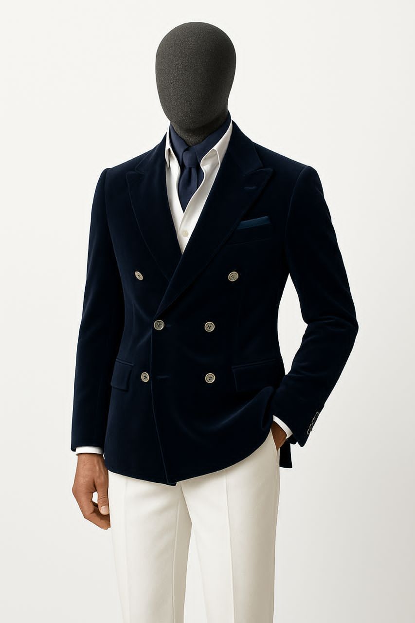 Blazer velours bleu marine croisé 6 boutons dorés sur mesure – casa&cavalii