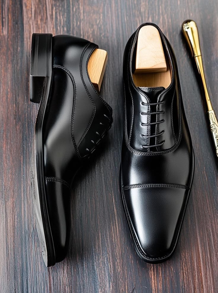 Oxford cap-toe noir Casa&Cavalli — mise en scène avec embauchoir