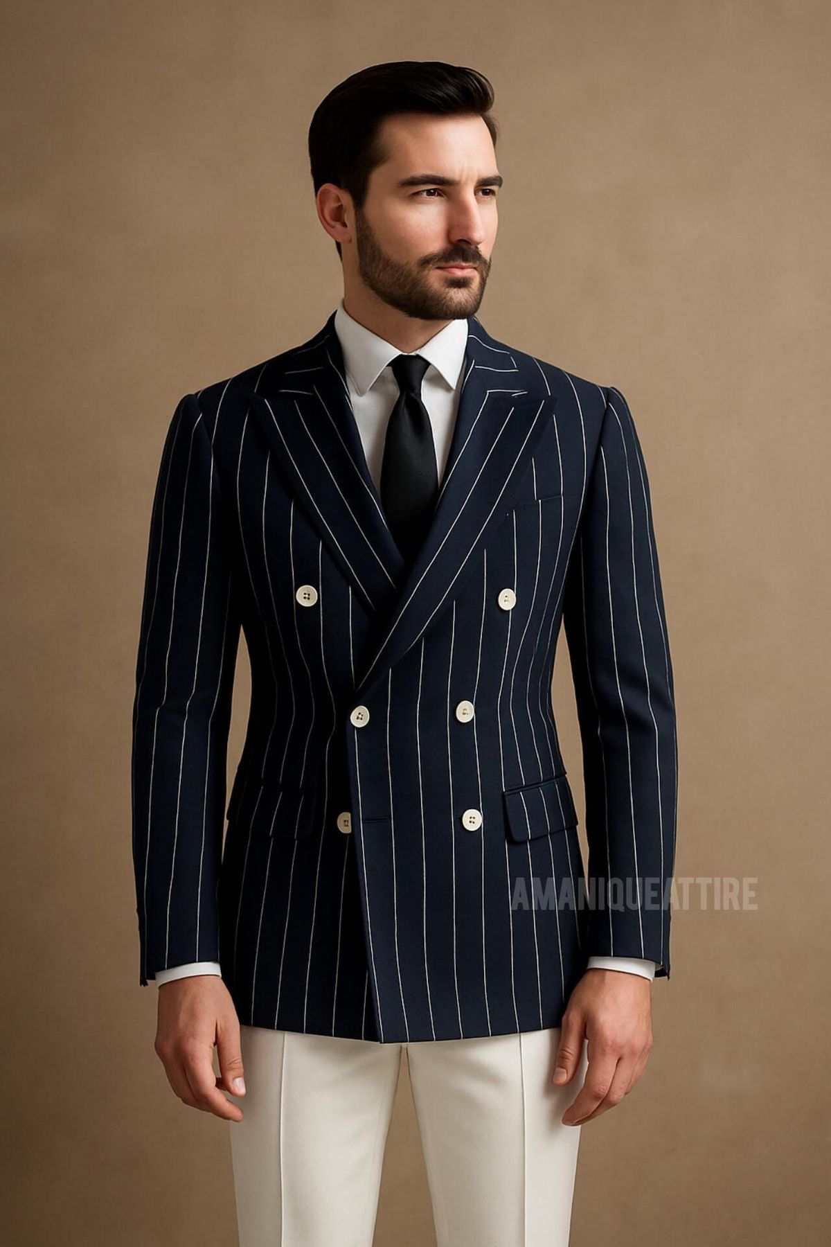 Blazer croisé rayures fines bleu marine boutons nacre sur mesure – casa&cavalii
